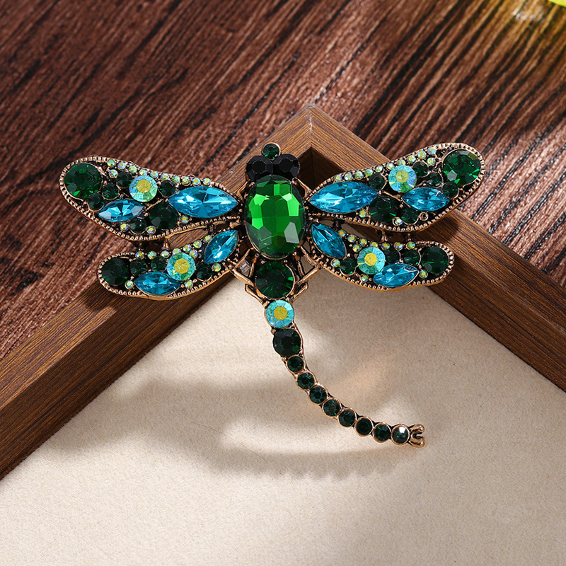 Broșă cu libelulă, aliaj de zinc, cu diamante, motiv insecte, accesoriu vestimentar retro