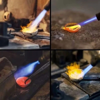 Zelta kausēšanas lāpa ar vara korpusu — augsta temperatūra, maksimālais spiediens 10, maksimālais plūsmas ātrums 10, optimālais šļūdes attālums 10, šļūdes platums 10