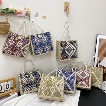 Etno-stílusú vászon táska nőknek, kosár alakú táska, cipzáros nyitás, puha, függőleges négyzet alakú, ősz 2023