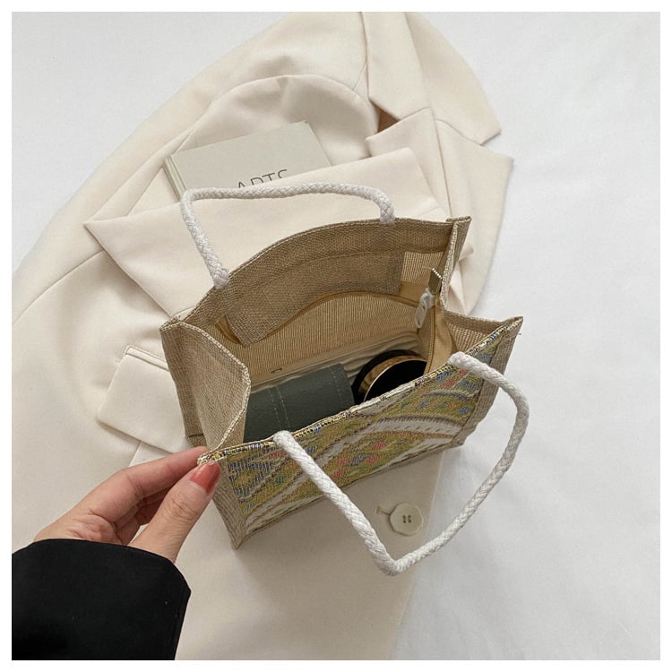 Etno-stílusú vászon táska nőknek, kosár alakú táska, cipzáros nyitás, puha, függőleges négyzet alakú, ősz 2023