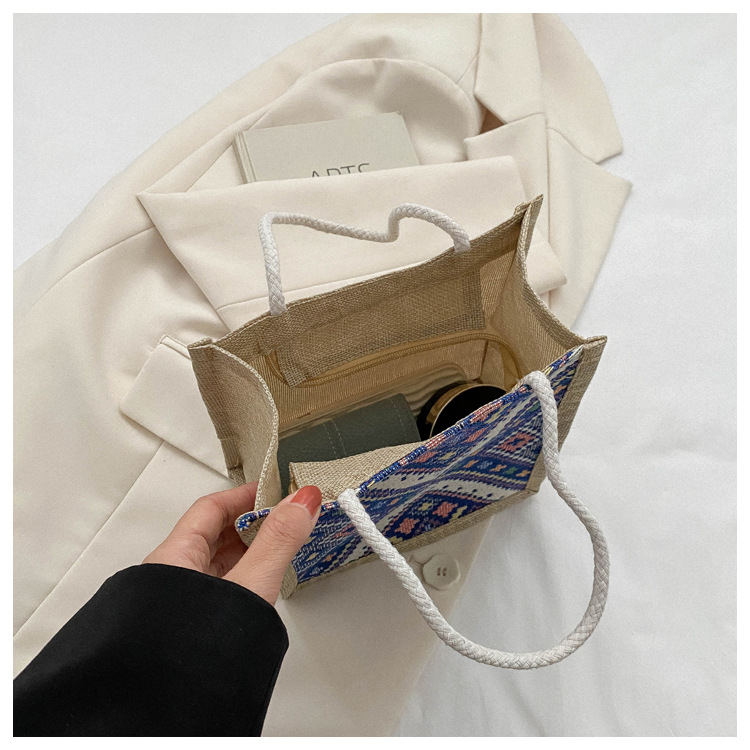 Etno-stílusú vászon táska nőknek, kosár alakú táska, cipzáros nyitás, puha, függőleges négyzet alakú, ősz 2023