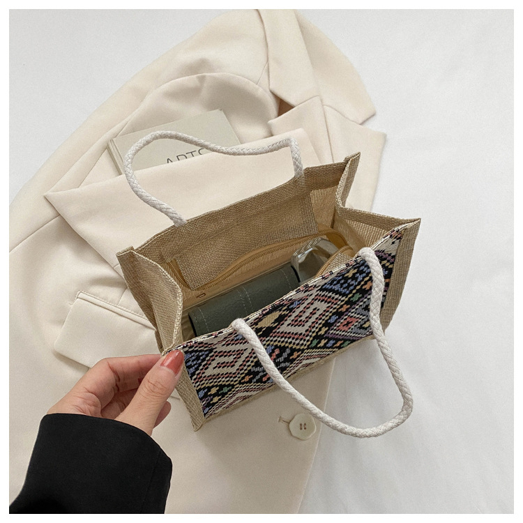 Etno-stílusú vászon táska nőknek, kosár alakú táska, cipzáros nyitás, puha, függőleges négyzet alakú, ősz 2023