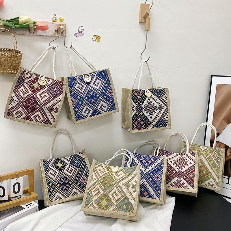 Etno-stílusú vászon táska nőknek, kosár alakú táska, cipzáros nyitás, puha, függőleges négyzet alakú, ősz 2023