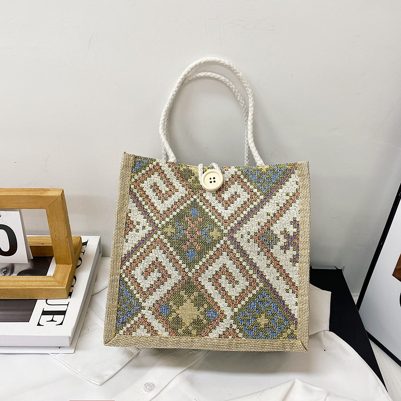 Etno-stílusú vászon táska nőknek, kosár alakú táska, cipzáros nyitás, puha, függőleges négyzet alakú, ősz 2023