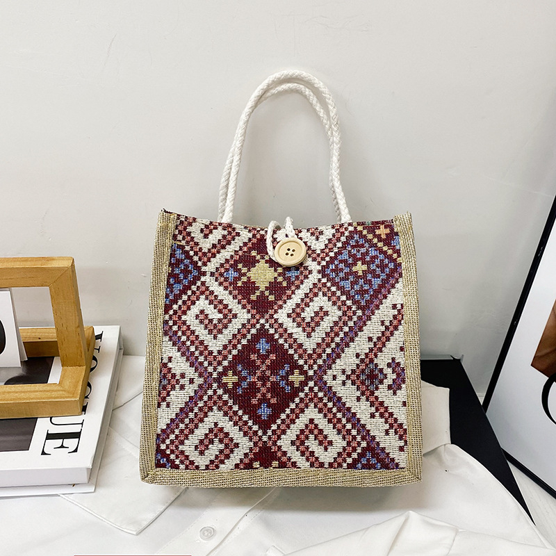 Etno-stílusú vászon táska nőknek, kosár alakú táska, cipzáros nyitás, puha, függőleges négyzet alakú, ősz 2023