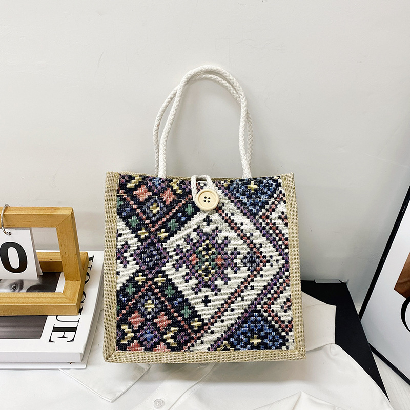 Etno-stílusú vászon táska nőknek, kosár alakú táska, cipzáros nyitás, puha, függőleges négyzet alakú, ősz 2023