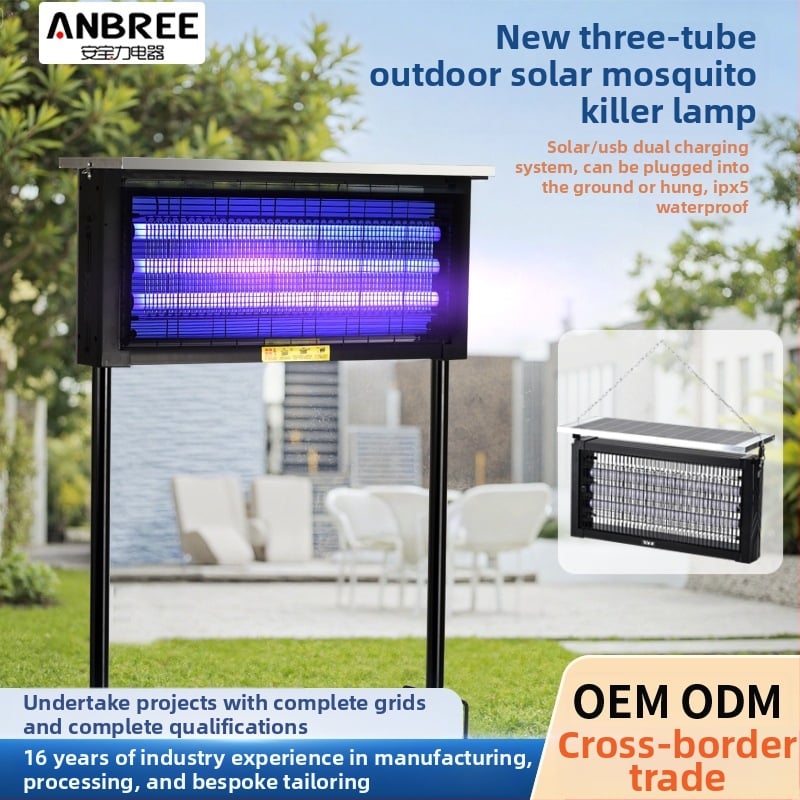 Kültéri napelemes szúnyogirtó lámpa - vízálló, újratölthető, UV-lila fény csapda, 200 m²+ lefedettség