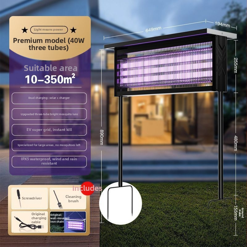 Kültéri napelemes szúnyogirtó lámpa - vízálló, újratölthető, UV-lila fény csapda, 200 m²+ lefedettség