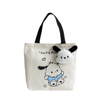 Női vászon ebédtáska, tote, vödör alakú, mintás karikatúra, fedéllel, cipzáras nyílás, belső szendvics rekesz