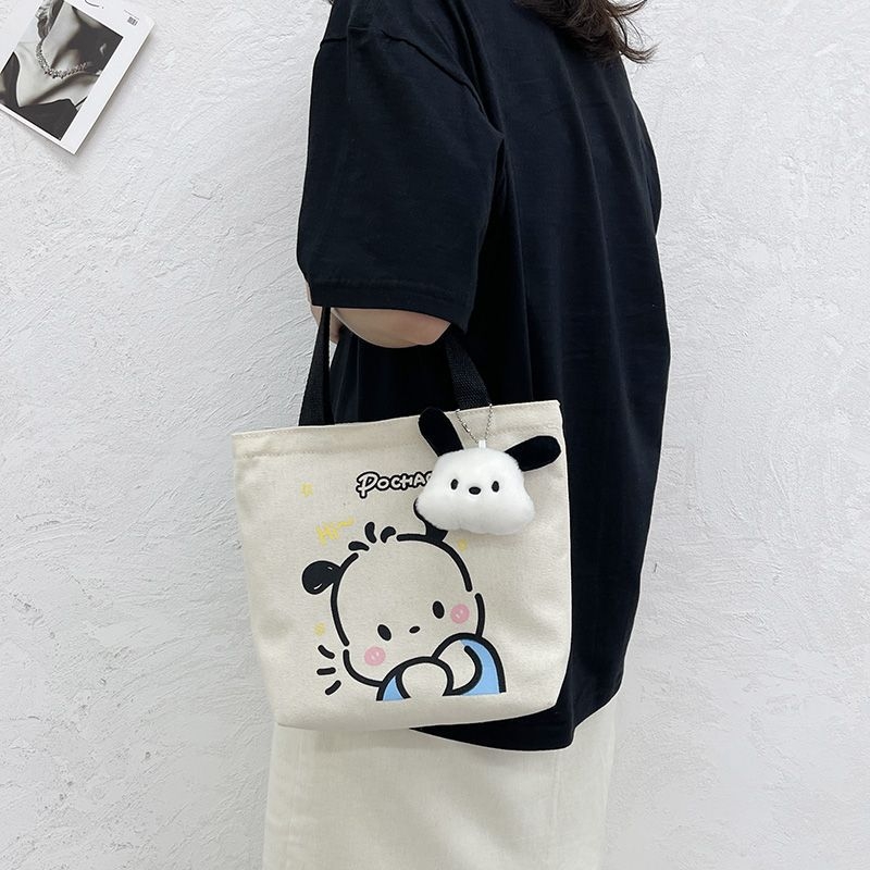 Női vászon ebédtáska, tote, vödör alakú, mintás karikatúra, fedéllel, cipzáras nyílás, belső szendvics rekesz