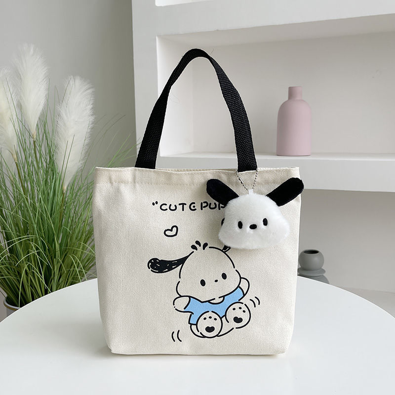 Női vászon ebédtáska, tote, vödör alakú, mintás karikatúra, fedéllel, cipzáras nyílás, belső szendvics rekesz