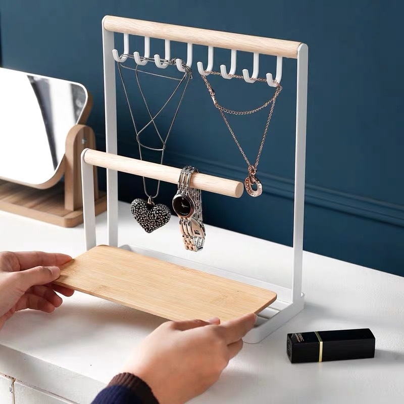 Ράφι κοσμημάτων από σίδηρο με ξύλινο περίβλημα σε ιαπωνικό στυλ, πολυεπίπεδη βάση προβολής για κολιέ και σκουλαρίκια