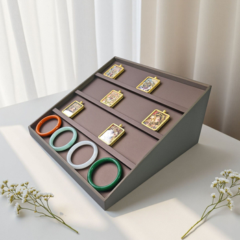 Suport trapezoidal pentru amulete Buddha Thangka, cu design în etaje verticale, pentru bijuterii și ochelari, din MDF cu finisaj din piele