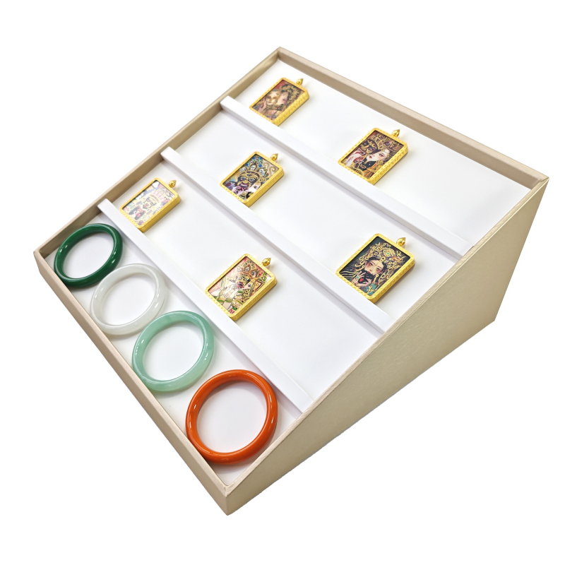 Suport trapezoidal pentru amulete Buddha Thangka, cu design în etaje verticale, pentru bijuterii și ochelari, din MDF cu finisaj din piele