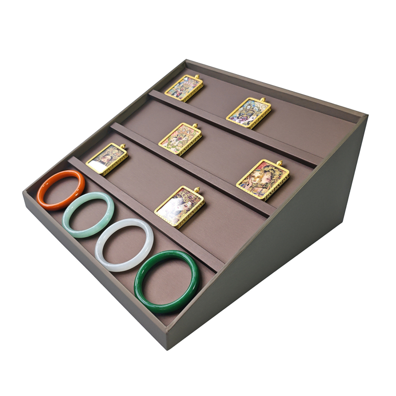 Suport trapezoidal pentru amulete Buddha Thangka, cu design în etaje verticale, pentru bijuterii și ochelari, din MDF cu finisaj din piele