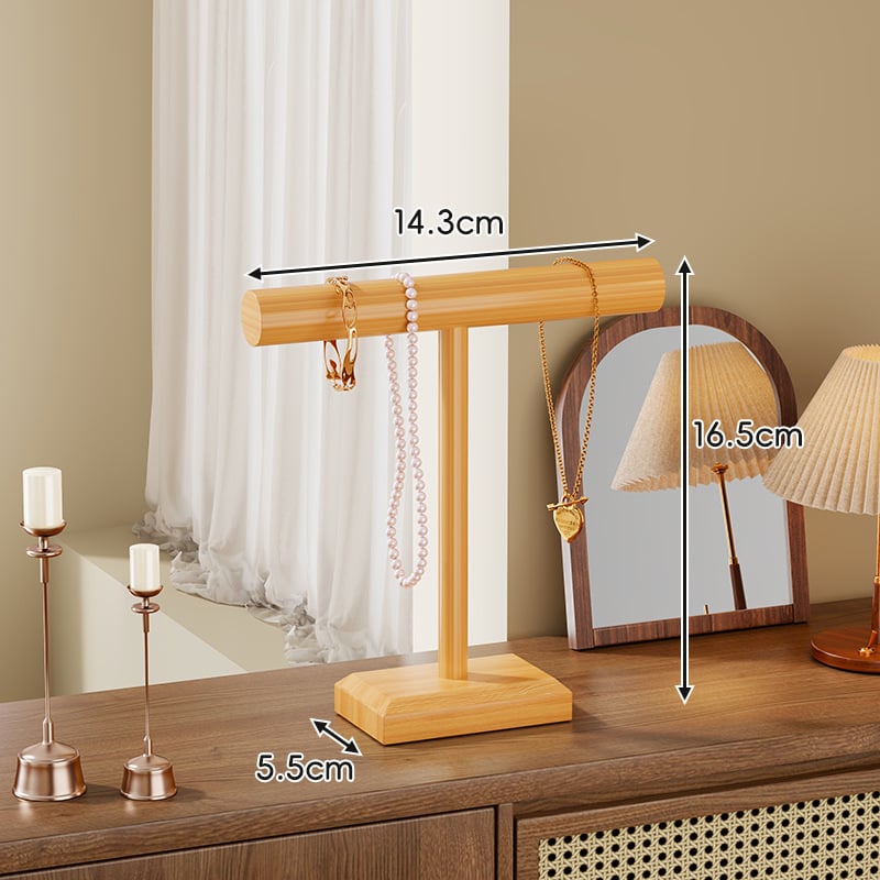 Дървен дисплей за бижута – настолен държач за гривни и огърлици, 1 ниво, прост модерен стил
