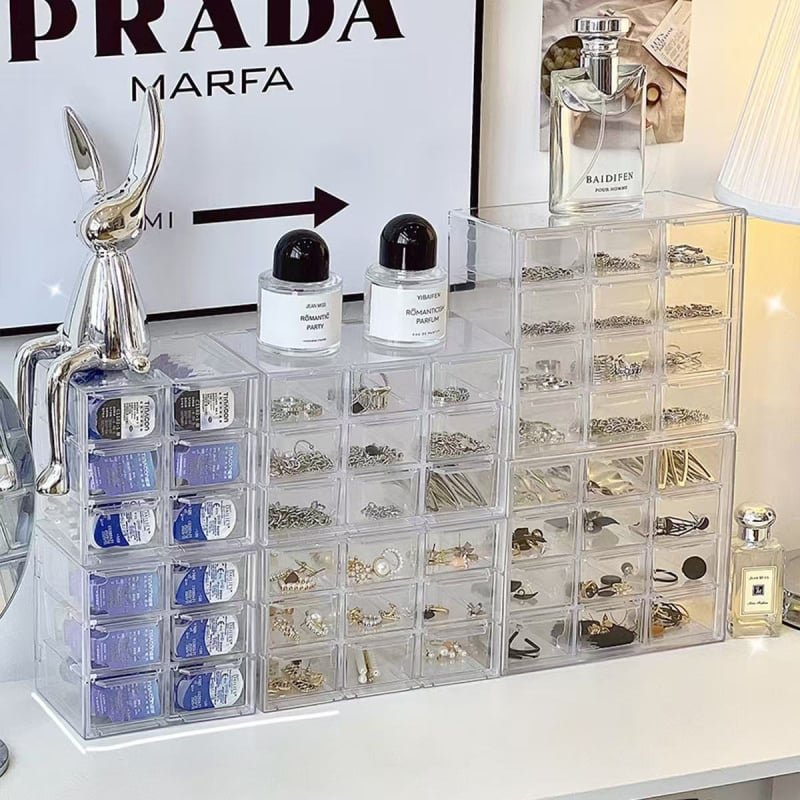 Органайзер за бижута и контактни лещи – прозрачен плот с чекмеджетен дизайн, PS материал, модерен стил, пуснат през 2023 г.