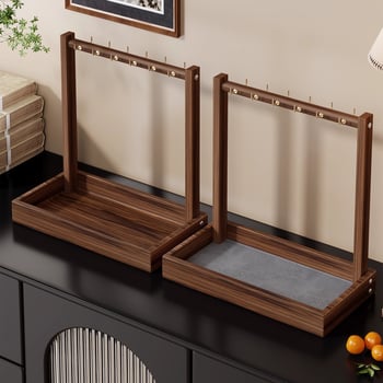 Дървен настолен органайзер за бижута с две нива — дисплей за гривни, колие и часовници, многофункционален, стил класически китайски