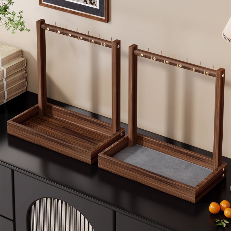 Дървен настолен органайзер за бижута с две нива — дисплей за гривни, колие и часовници, многофункционален, стил класически китайски