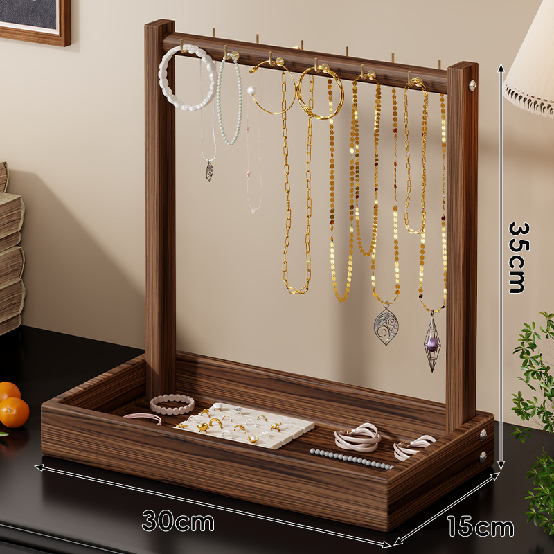 Дървен настолен органайзер за бижута с две нива — дисплей за гривни, колие и часовници, многофункционален, стил класически китайски