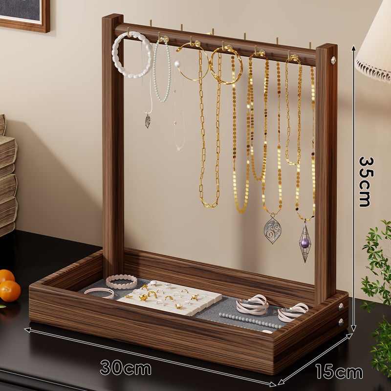 Дървен настолен органайзер за бижута с две нива — дисплей за гривни, колие и часовници, многофункционален, стил класически китайски