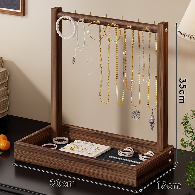 Дървен настолен органайзер за бижута с две нива — дисплей за гривни, колие и часовници, многофункционален, стил класически китайски