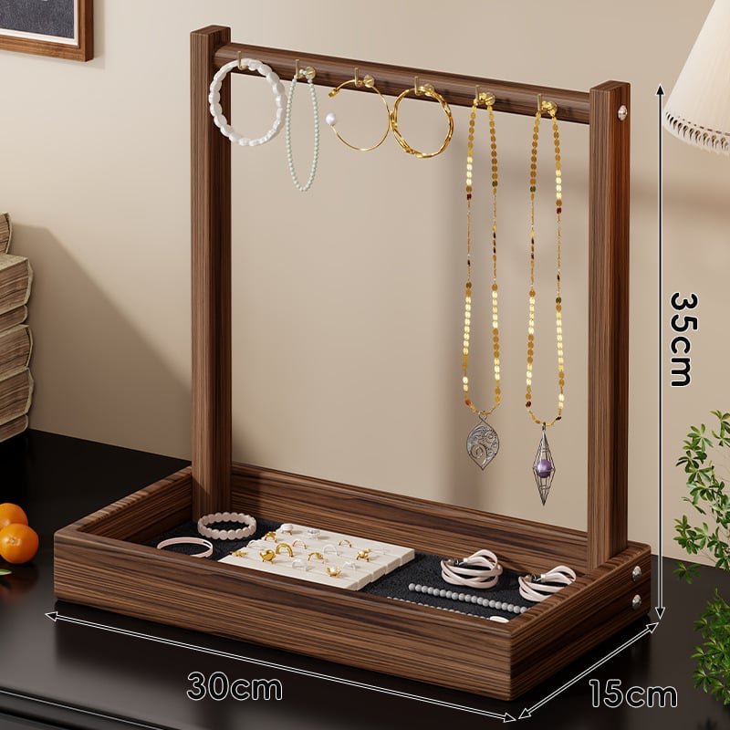 Дървен настолен органайзер за бижута с две нива — дисплей за гривни, колие и часовници, многофункционален, стил класически китайски