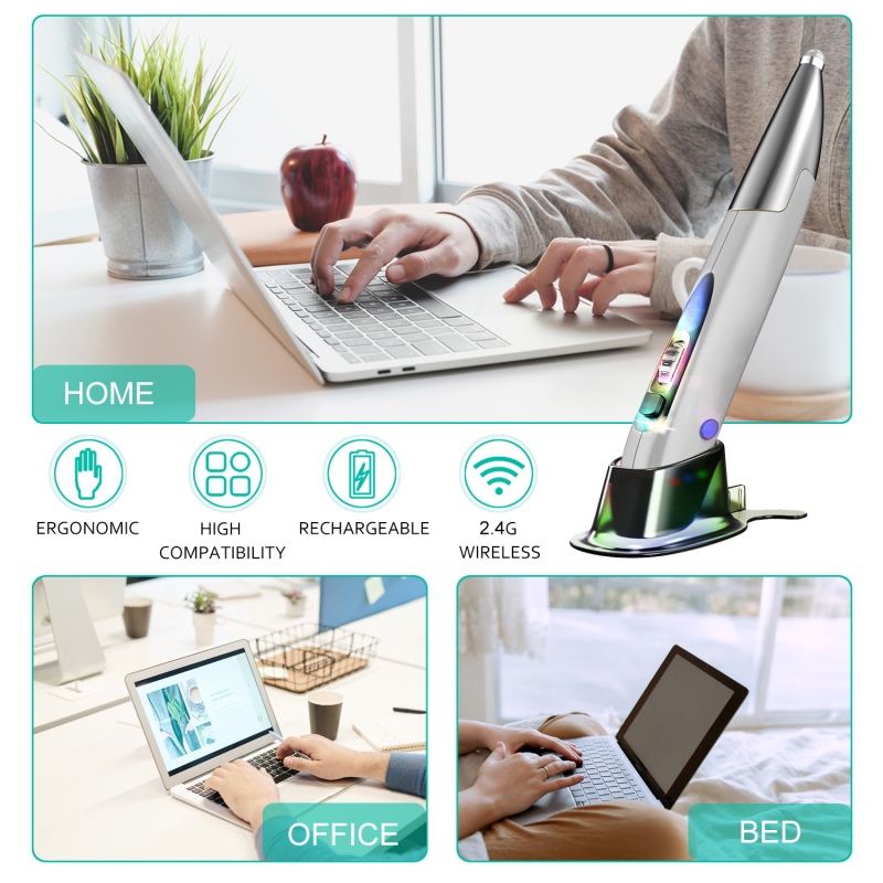 Безжична зареждаща гейминг мишка с писалков дизайн и тъчскрийн повърхност, 1600 DPI, Bluetooth и 2.4 GHz, 4 клавиша