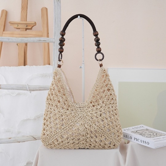 Granny-square szalma tote táska, kötött dizájn, függőleges négyzet alakú, rejtett cipzáras belső zseb, városi egyszerű stílus