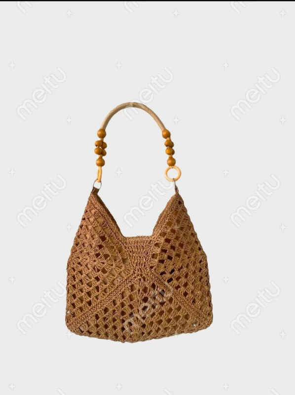 Granny-square szalma tote táska, kötött dizájn, függőleges négyzet alakú, rejtett cipzáras belső zseb, városi egyszerű stílus