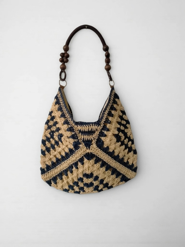 Granny-square szalma tote táska, kötött dizájn, függőleges négyzet alakú, rejtett cipzáras belső zseb, városi egyszerű stílus