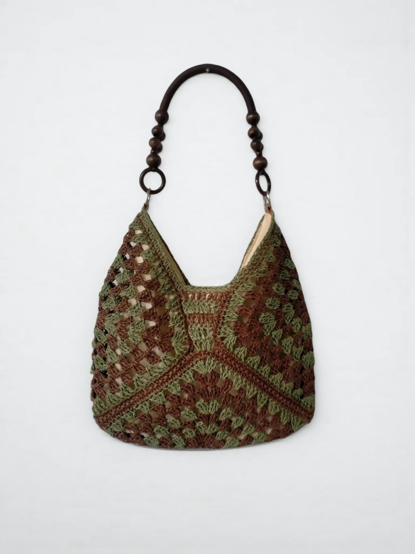 Granny-square szalma tote táska, kötött dizájn, függőleges négyzet alakú, rejtett cipzáras belső zseb, városi egyszerű stílus