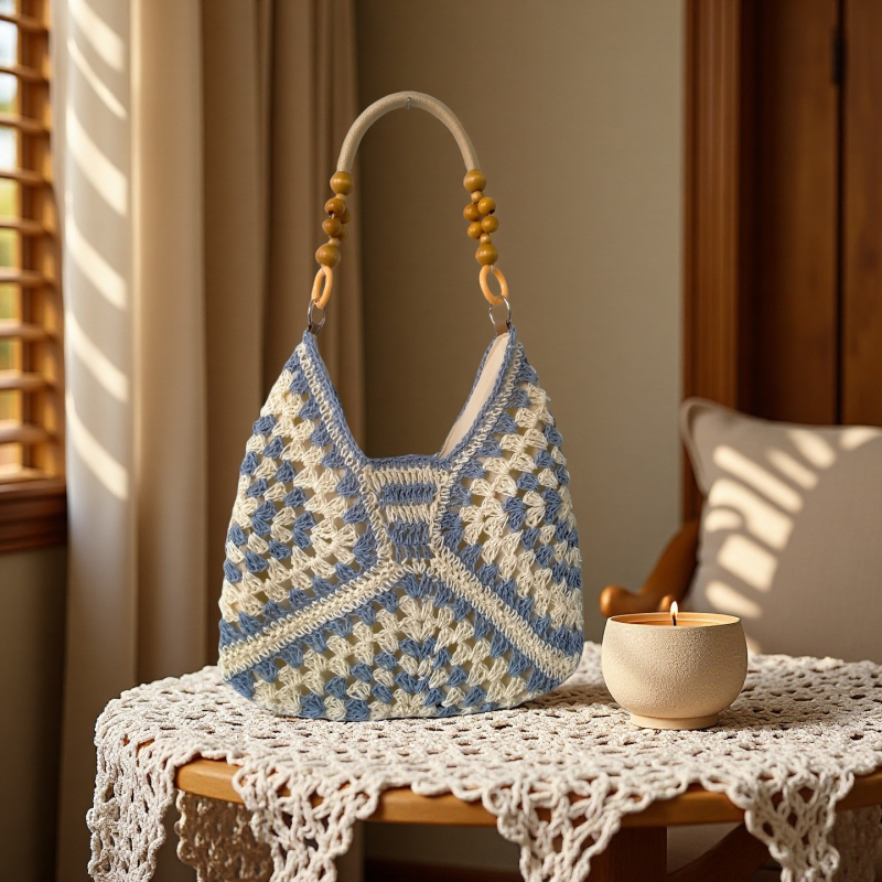 Granny-square szalma tote táska, kötött dizájn, függőleges négyzet alakú, rejtett cipzáras belső zseb, városi egyszerű stílus