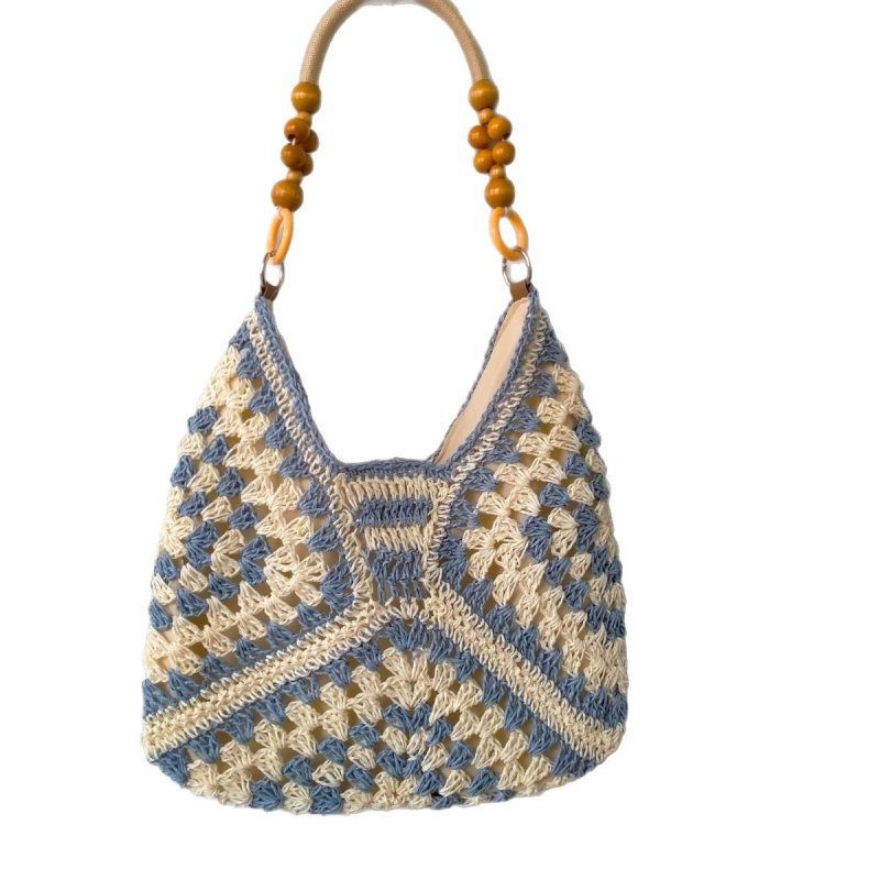 Granny-square szalma tote táska, kötött dizájn, függőleges négyzet alakú, rejtett cipzáras belső zseb, városi egyszerű stílus