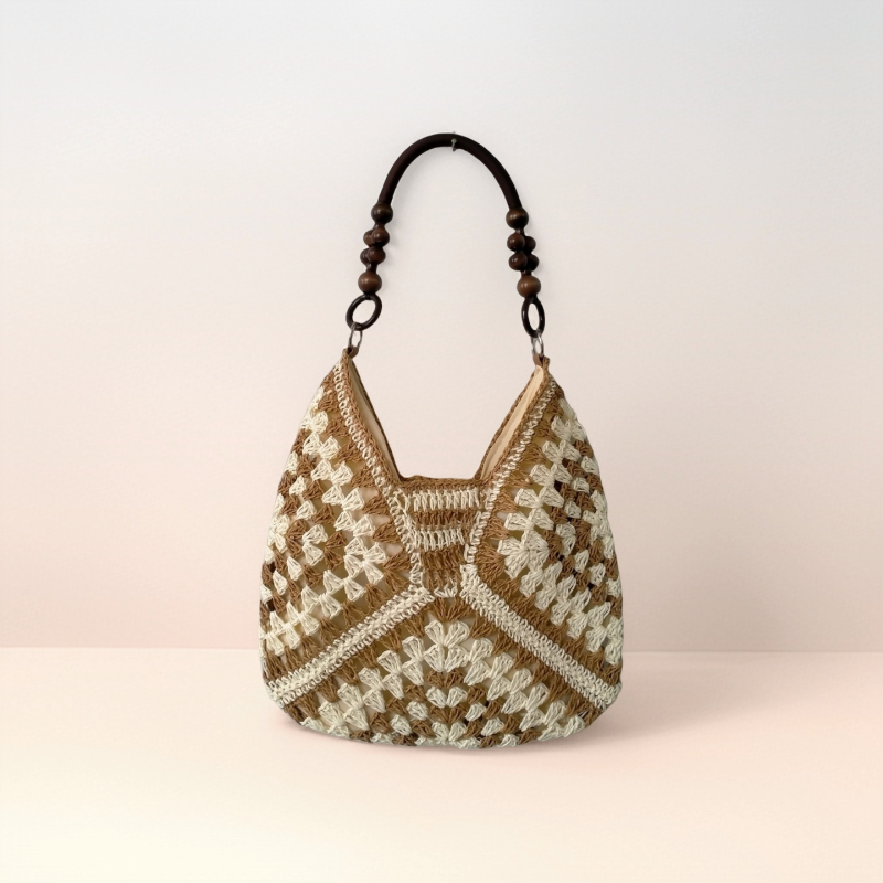 Granny-square szalma tote táska, kötött dizájn, függőleges négyzet alakú, rejtett cipzáras belső zseb, városi egyszerű stílus