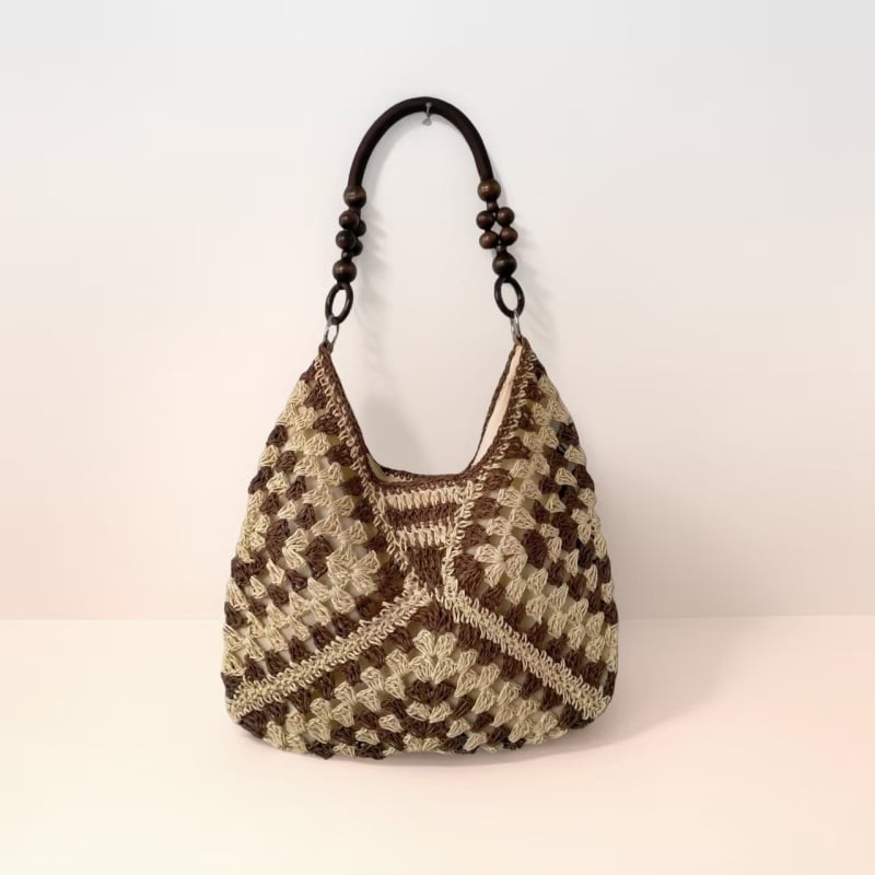 Granny-square szalma tote táska, kötött dizájn, függőleges négyzet alakú, rejtett cipzáras belső zseb, városi egyszerű stílus