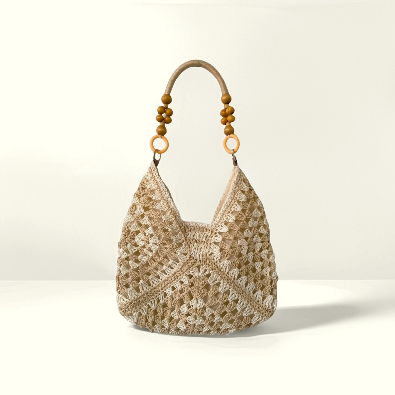 Granny-square szalma tote táska, kötött dizájn, függőleges négyzet alakú, rejtett cipzáras belső zseb, városi egyszerű stílus