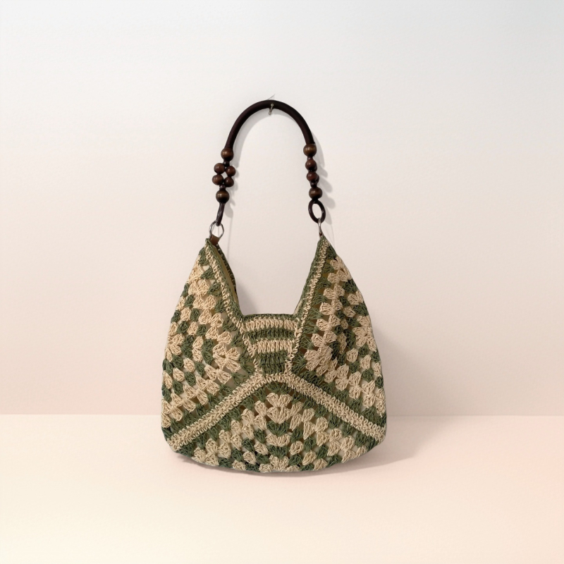 Granny-square szalma tote táska, kötött dizájn, függőleges négyzet alakú, rejtett cipzáras belső zseb, városi egyszerű stílus