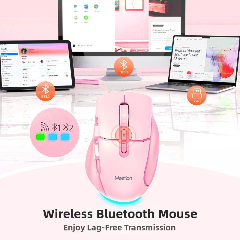 Meetion Mouse de birou fără fir cu 3 moduri, ergonomic, Bluetooth și 2.4G, 7 butoane, DPI 800/1200/1600/2400, Model BTM001