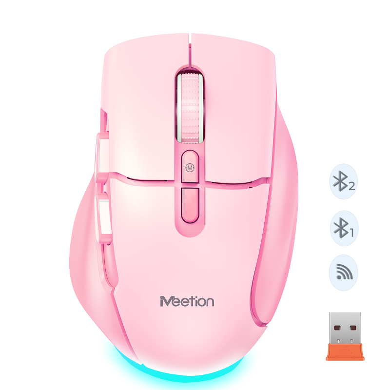 Meetion Mouse de birou fără fir cu 3 moduri, ergonomic, Bluetooth și 2.4G, 7 butoane, DPI 800/1200/1600/2400, Model BTM001