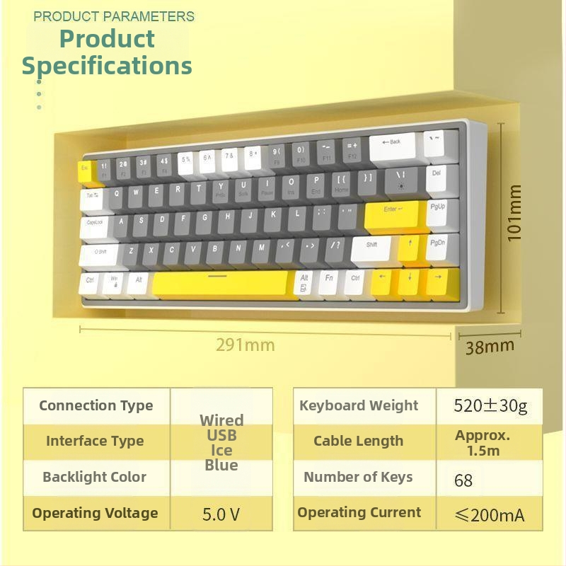 68-klávesová mechanická klávesnica, hot-swappable, káblové pripojenie, lineárny spínač, bez podsvietenia