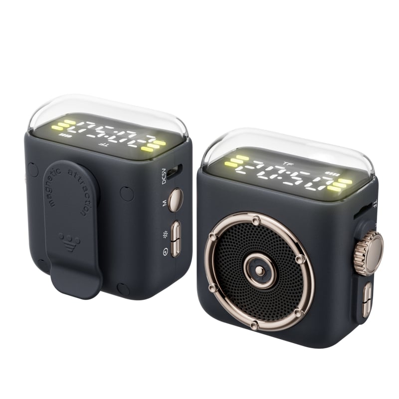 Bluetooth hangszóró éjjeli fénnyel és órával, hordozható mágneses hátlapi klippel, 5W, Bluetooth 5.3, 100 Hz–20 kHz, 10 m hatótávolság, beépített akkumulátor