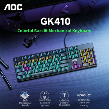 AOC GK410 mechanická klávesnica pre hry, 104 kláves, káblová, mechanické spínače, kovová konštrukcia, podsvietenie
