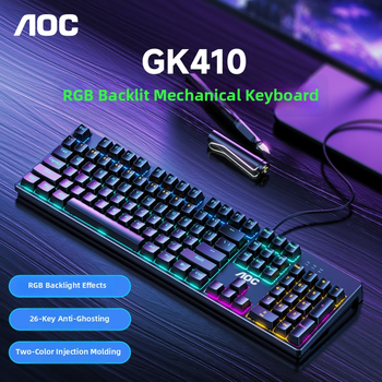 AOC GK410 mechanická klávesnica pre hry, 104 kláves, káblová, mechanické spínače, kovová konštrukcia, podsvietenie