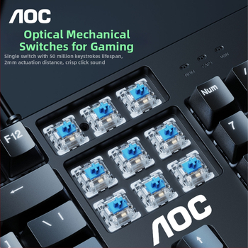 AOC GK410 mechanická klávesnica pre hry, 104 kláves, káblová, mechanické spínače, kovová konštrukcia, podsvietenie