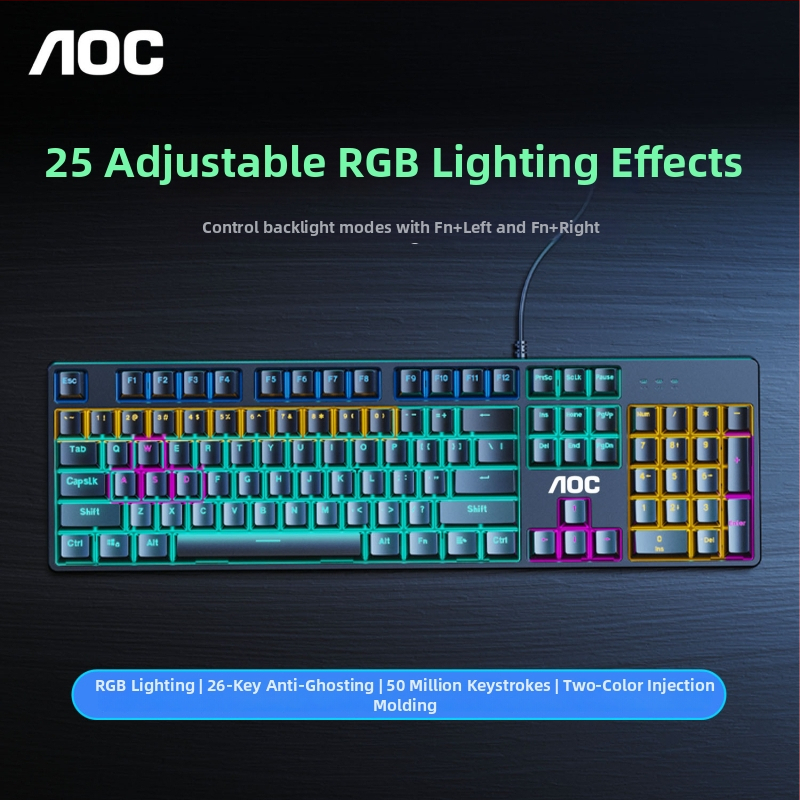 AOC GK410 mechanická klávesnica pre hry, 104 kláves, káblová, mechanické spínače, kovová konštrukcia, podsvietenie