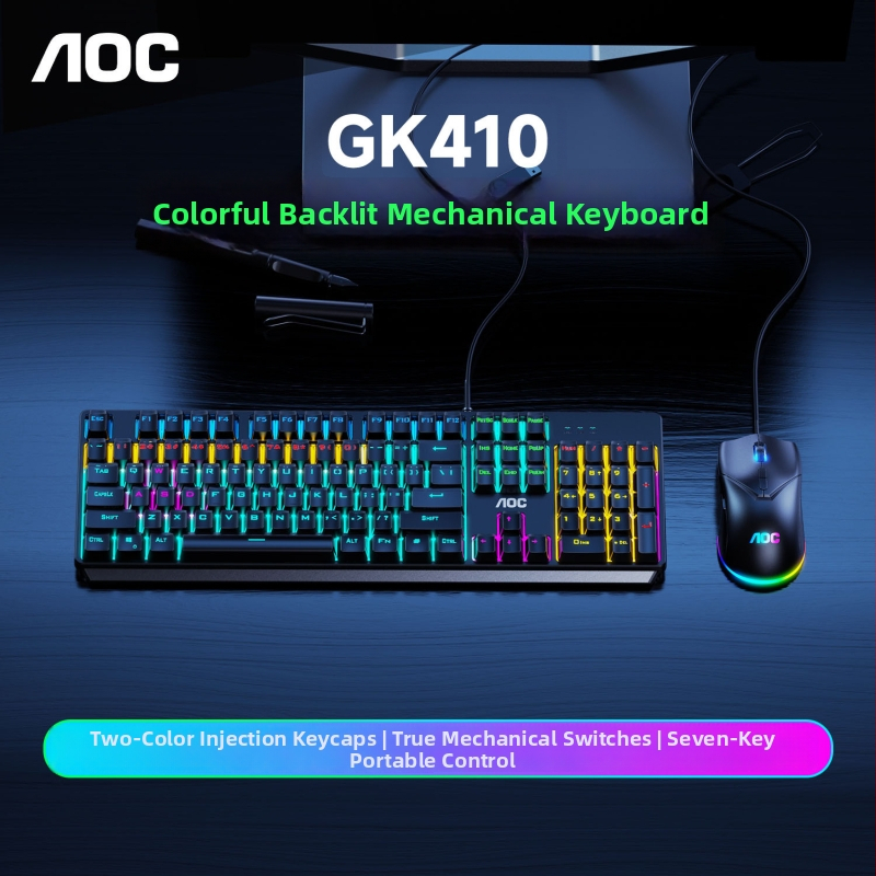 AOC GK410 mechanická klávesnica pre hry, 104 kláves, káblová, mechanické spínače, kovová konštrukcia, podsvietenie