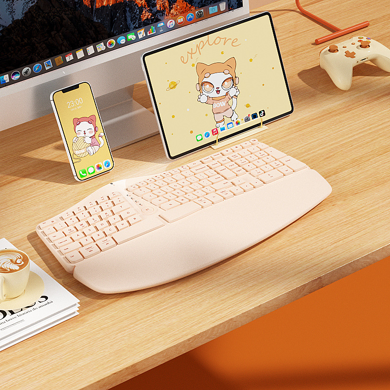 Ergonomenikus billentyűzet és egér készlet, három módozatú vezeték nélküli/Bluetooth kapcsolat, 98+ billentyű, csuklótámasz