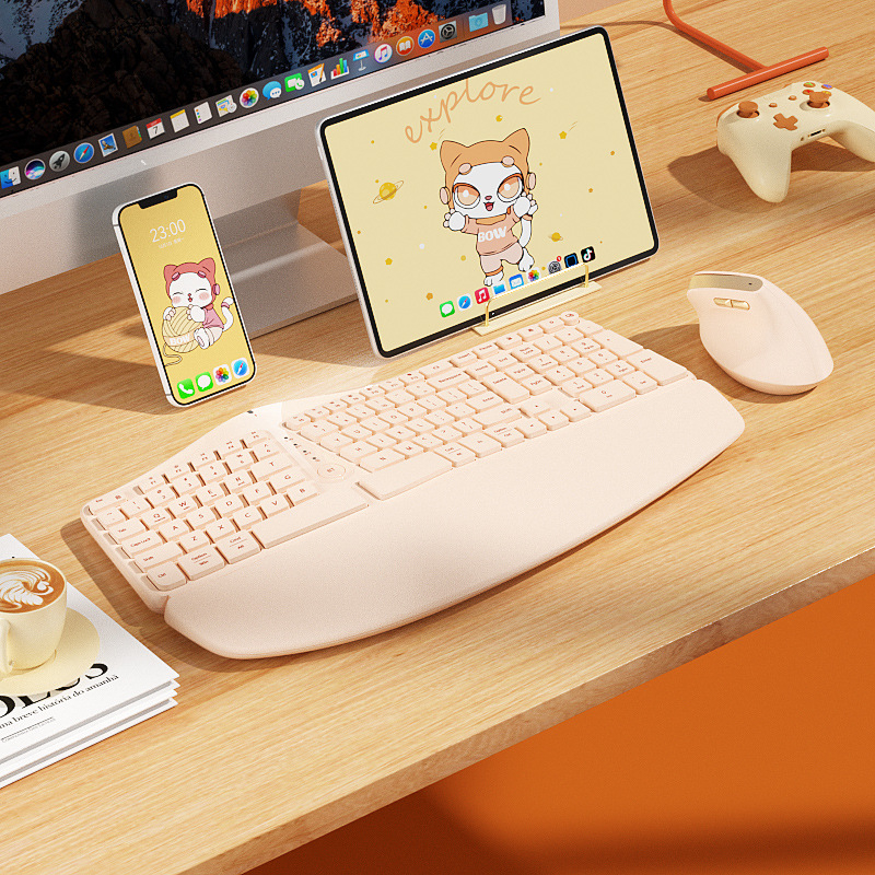 Ergonomenikus billentyűzet és egér készlet, három módozatú vezeték nélküli/Bluetooth kapcsolat, 98+ billentyű, csuklótámasz