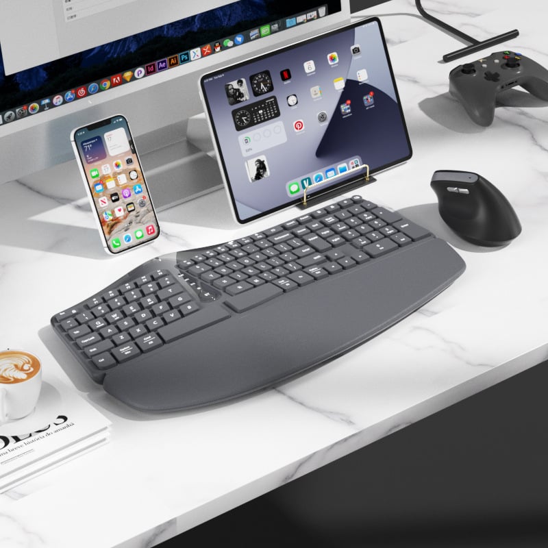 Ergonomenikus billentyűzet és egér készlet, három módozatú vezeték nélküli/Bluetooth kapcsolat, 98+ billentyű, csuklótámasz